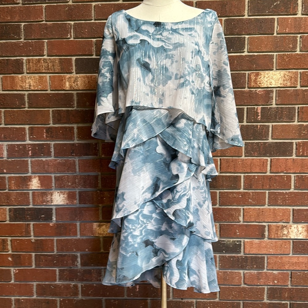 SLNY Ruffle‎ Tier Gray & Blue Flutter Dress Size 12